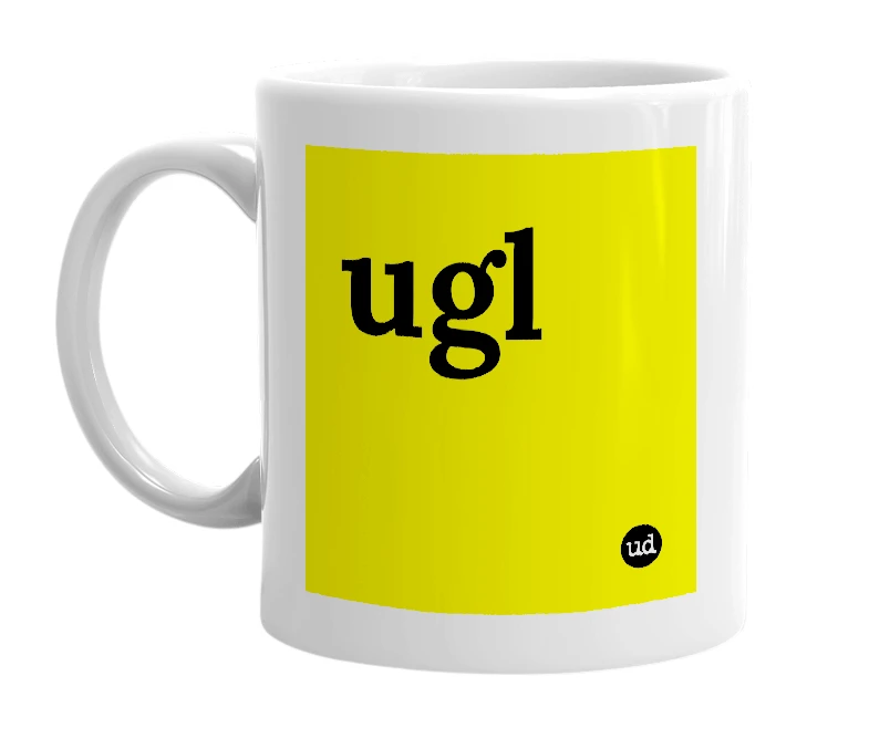 White mug with 'ugl' in bold black letters
