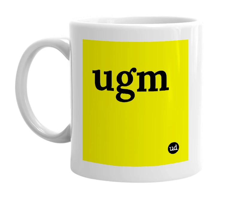 White mug with 'ugm' in bold black letters