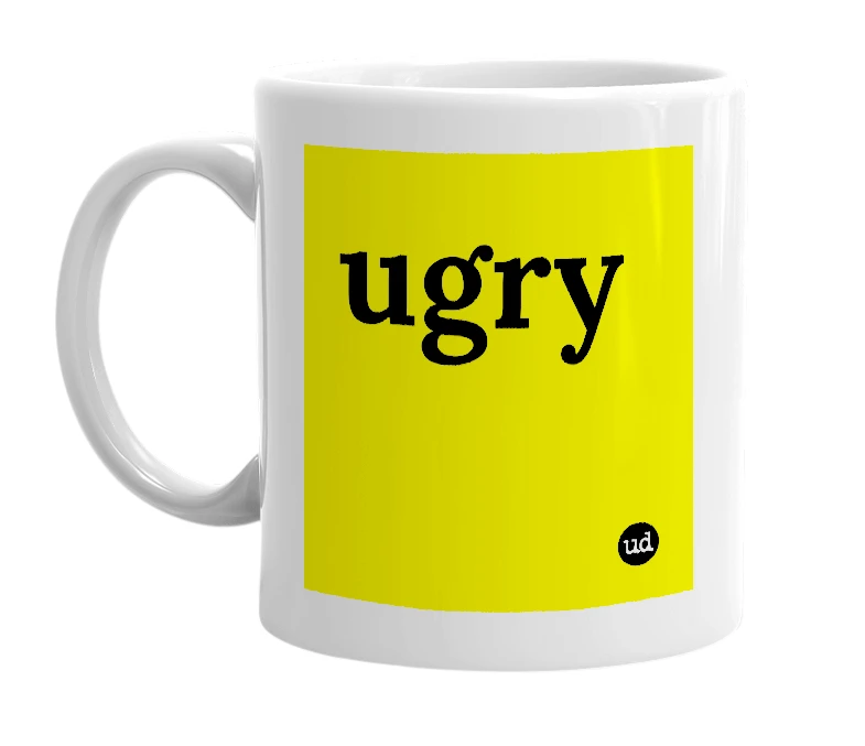 White mug with 'ugry' in bold black letters