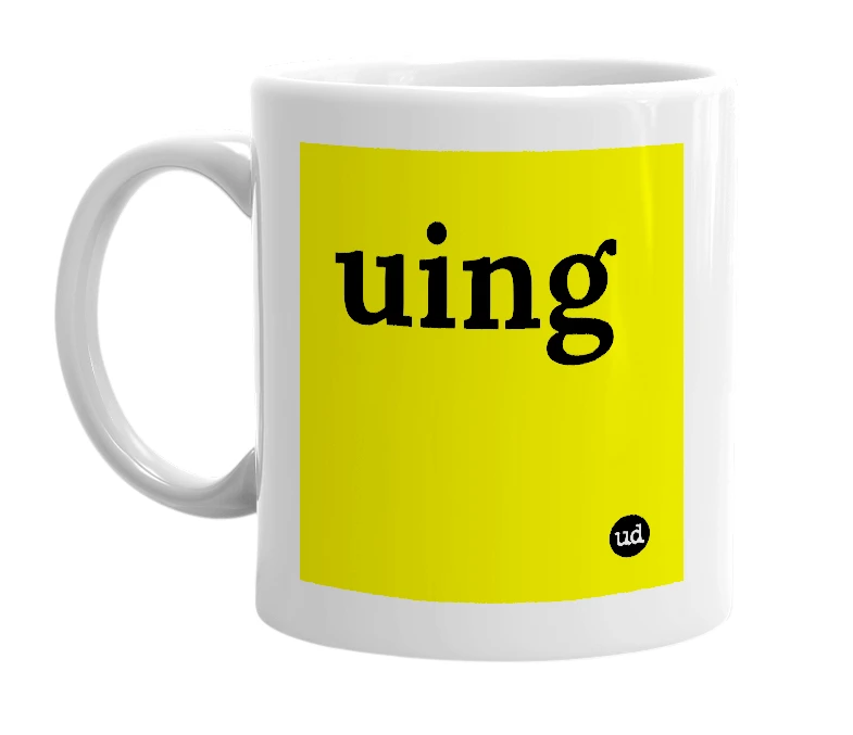 White mug with 'uing' in bold black letters