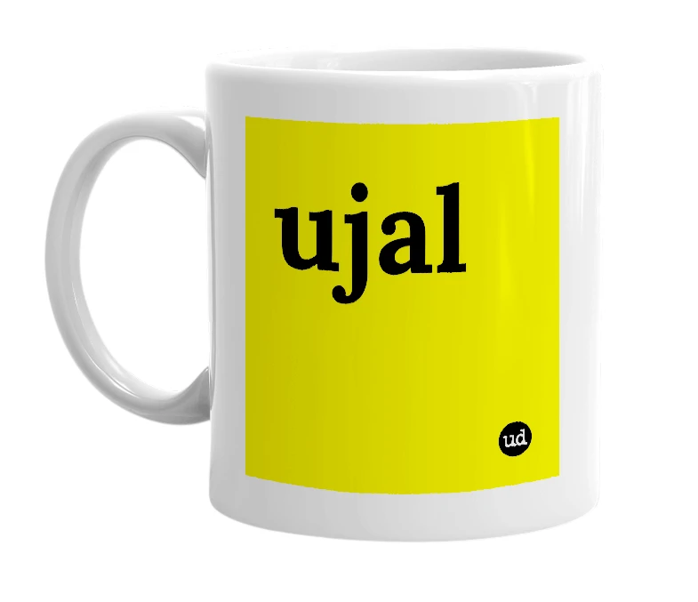 White mug with 'ujal' in bold black letters