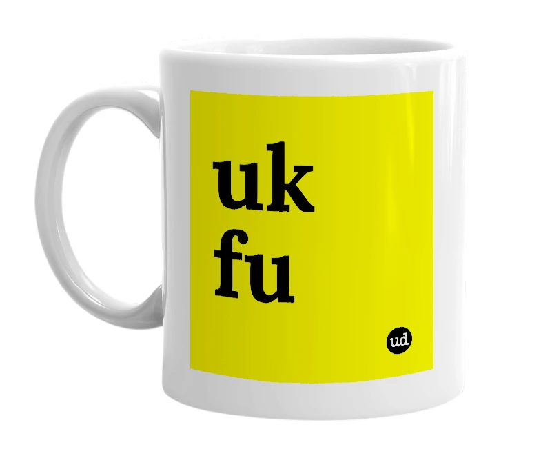 White mug with 'uk fu' in bold black letters