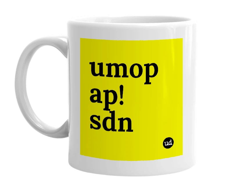 White mug with 'umop ap!sdn' in bold black letters