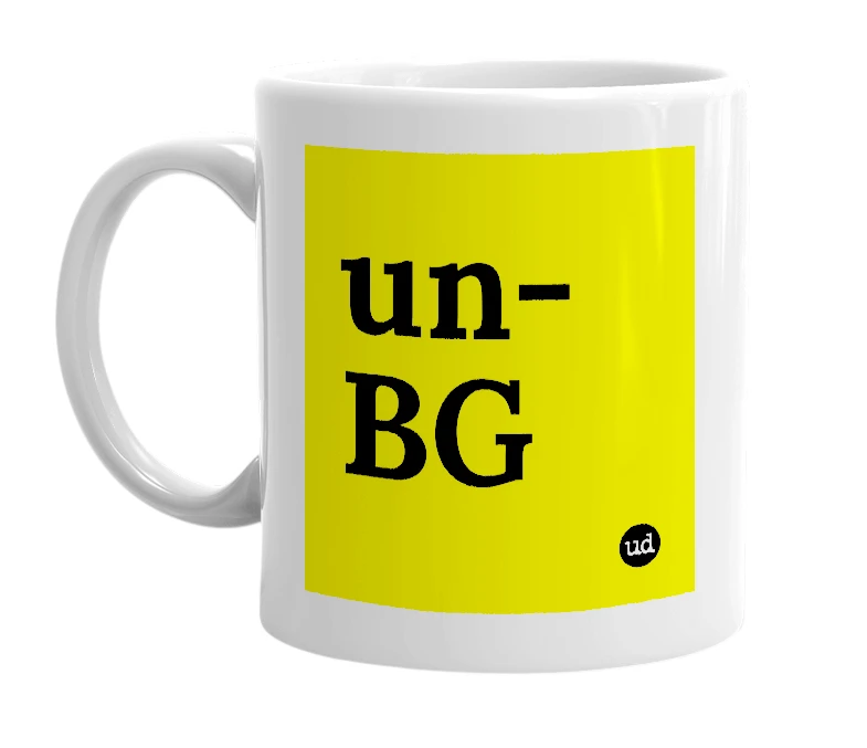 White mug with 'un-BG' in bold black letters