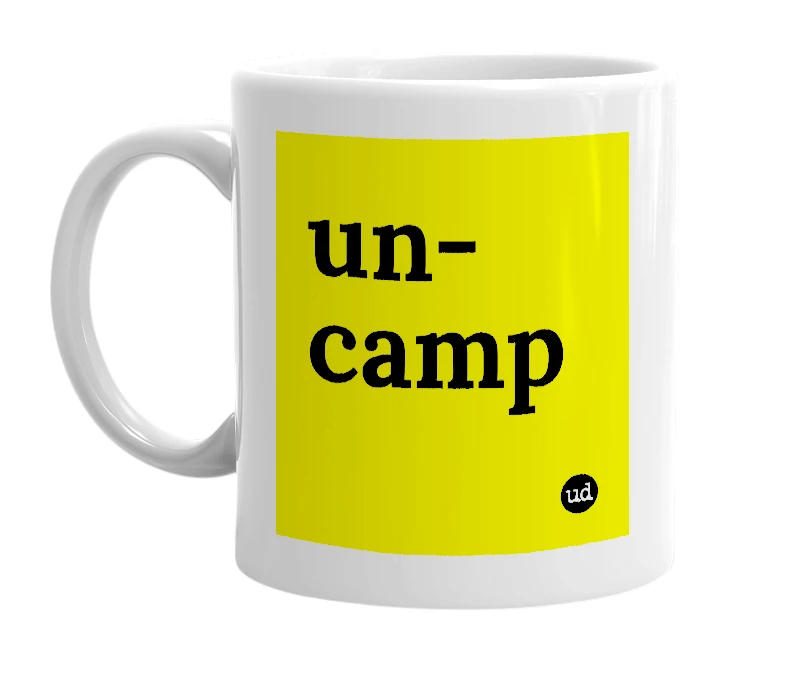 White mug with 'un-camp' in bold black letters