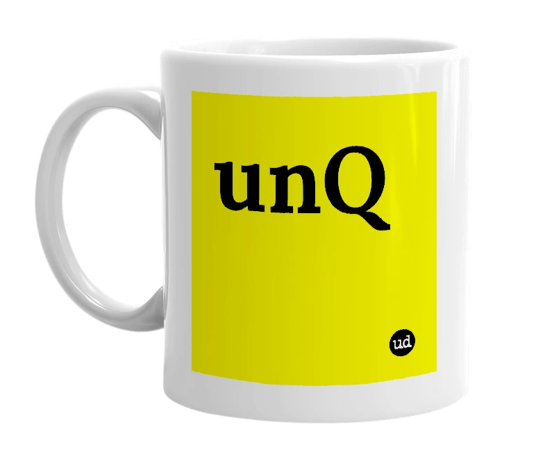 White mug with 'unQ' in bold black letters