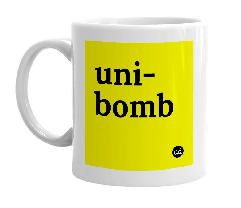 White mug with 'uni-bomb' in bold black letters