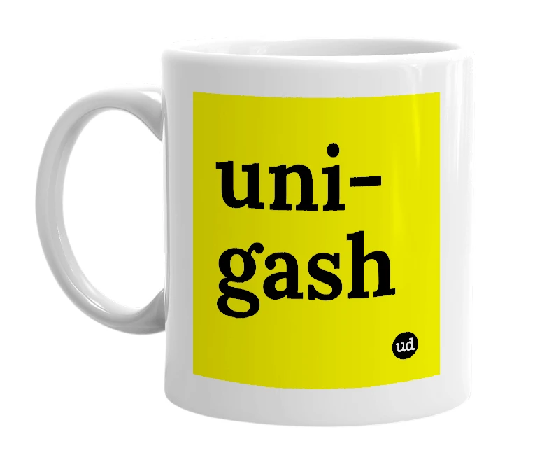 White mug with 'uni-gash' in bold black letters