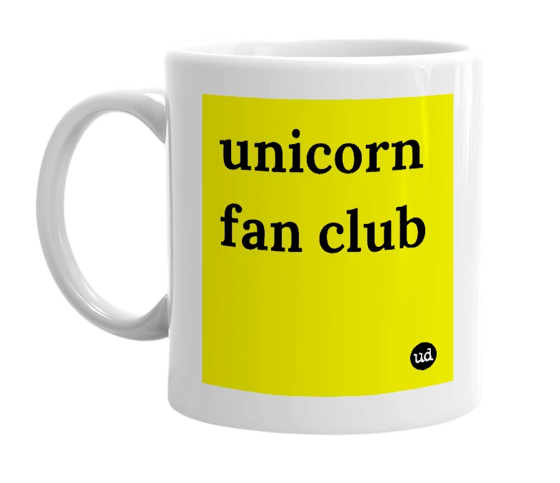 White mug with 'unicorn fan club' in bold black letters