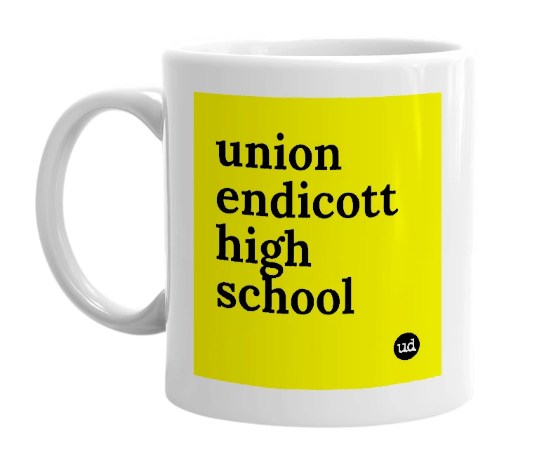 White mug with 'union endicott high school' in bold black letters