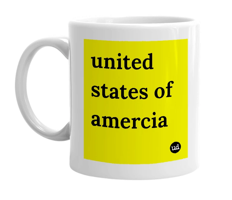 White mug with 'united states of amercia' in bold black letters