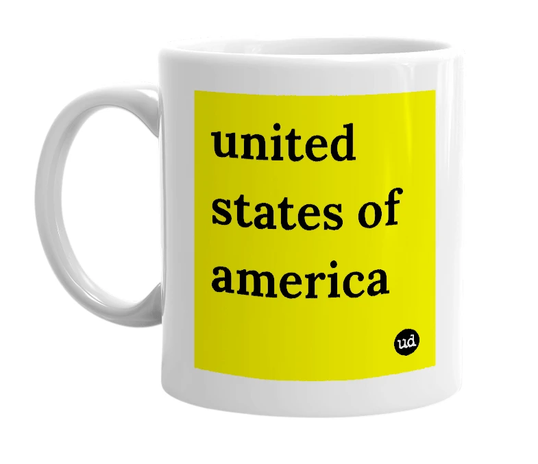 White mug with 'united states of america' in bold black letters