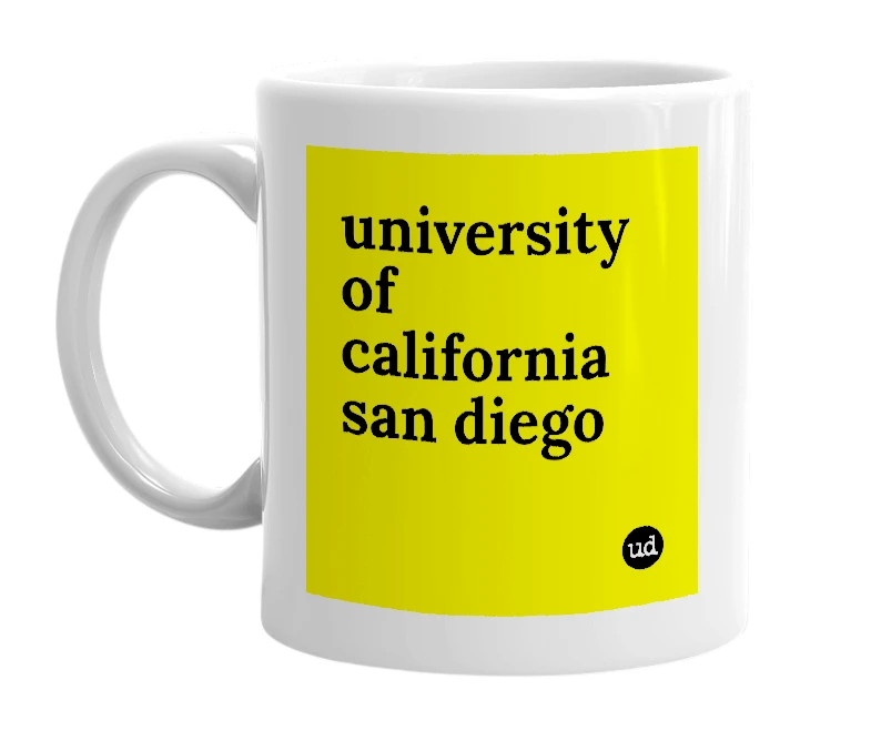 White mug with 'university of california san diego' in bold black letters