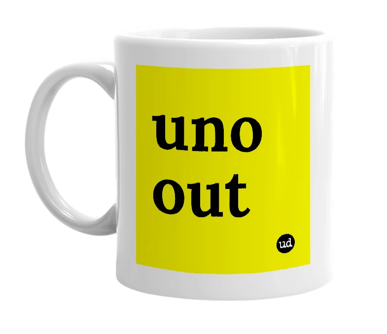 White mug with 'uno out' in bold black letters