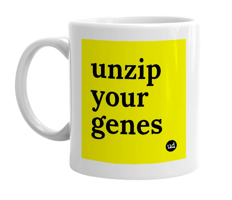 White mug with 'unzip your genes' in bold black letters