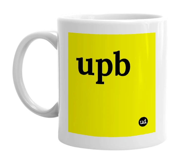 White mug with 'upb' in bold black letters