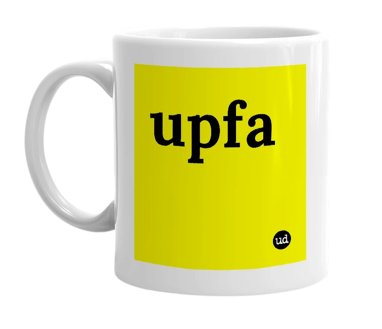 White mug with 'upfa' in bold black letters