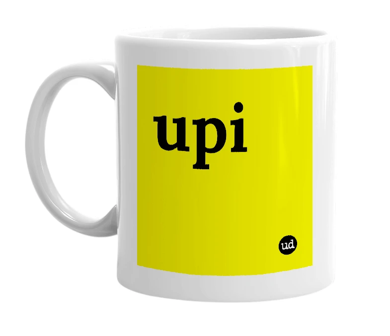 White mug with 'upi' in bold black letters