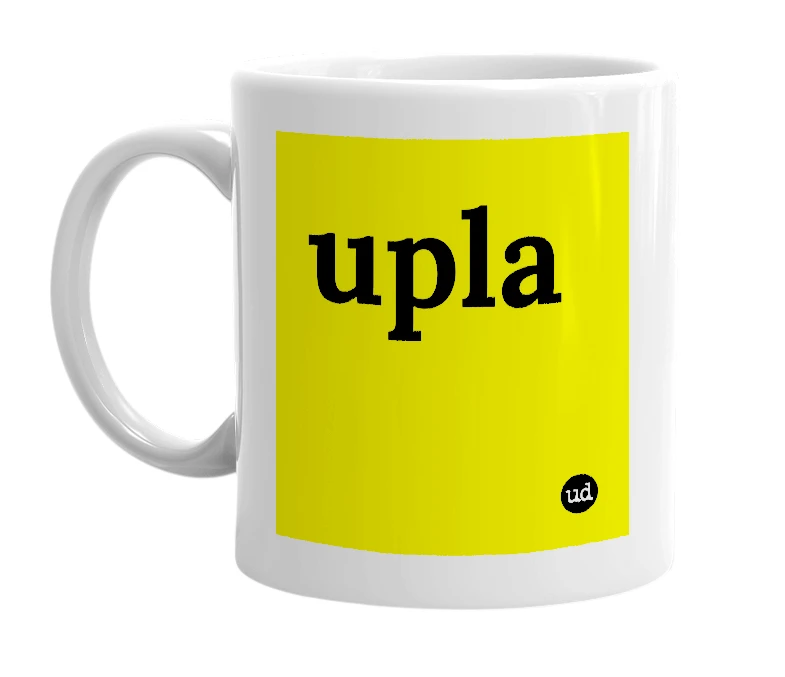 White mug with 'upla' in bold black letters