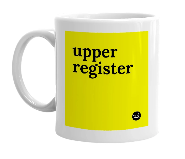 White mug with 'upper register' in bold black letters