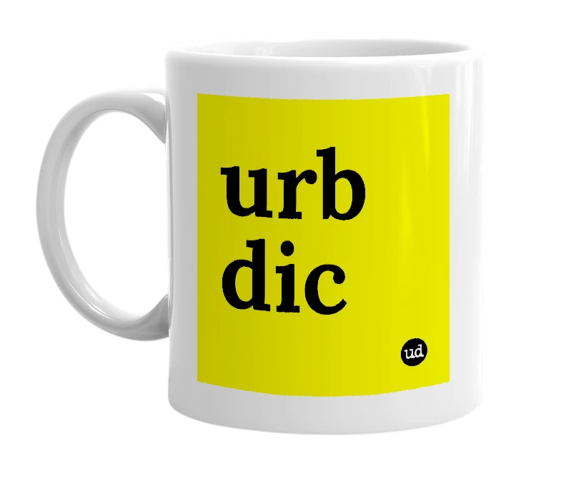 White mug with 'urb dic' in bold black letters