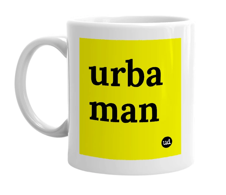 White mug with 'urba man' in bold black letters