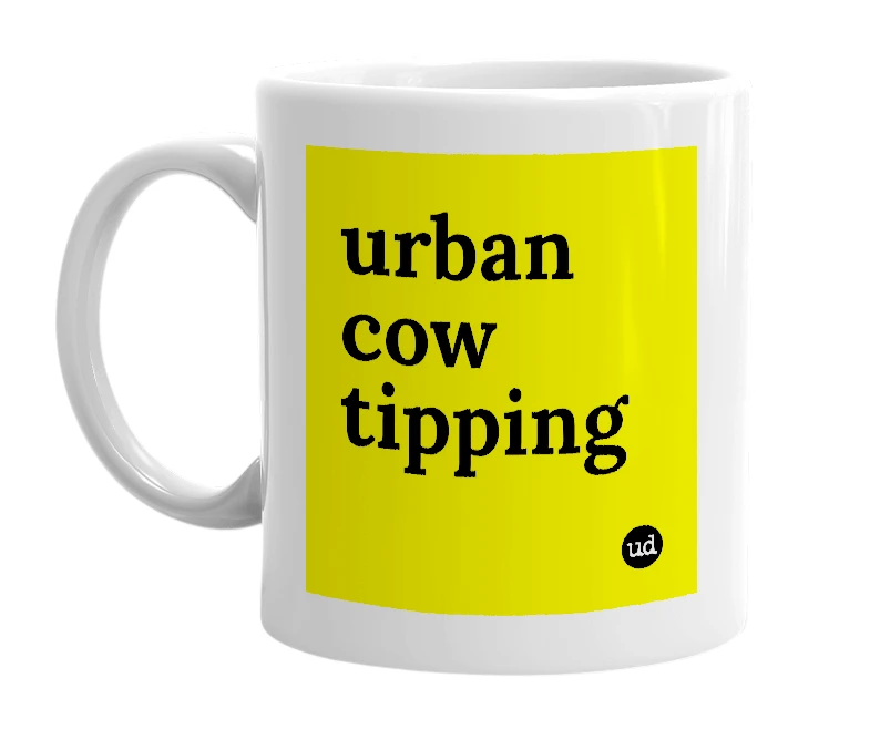 White mug with 'urban cow tipping' in bold black letters