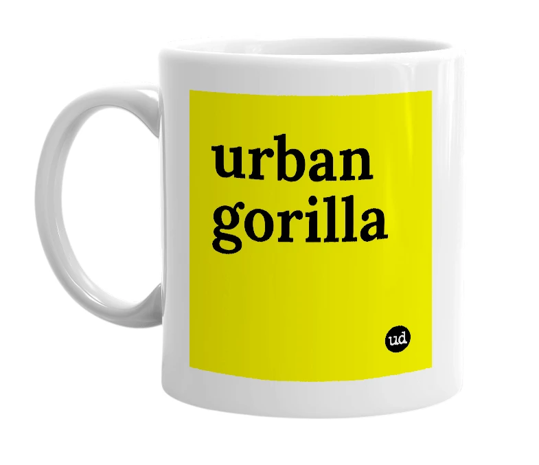 White mug with 'urban gorilla' in bold black letters