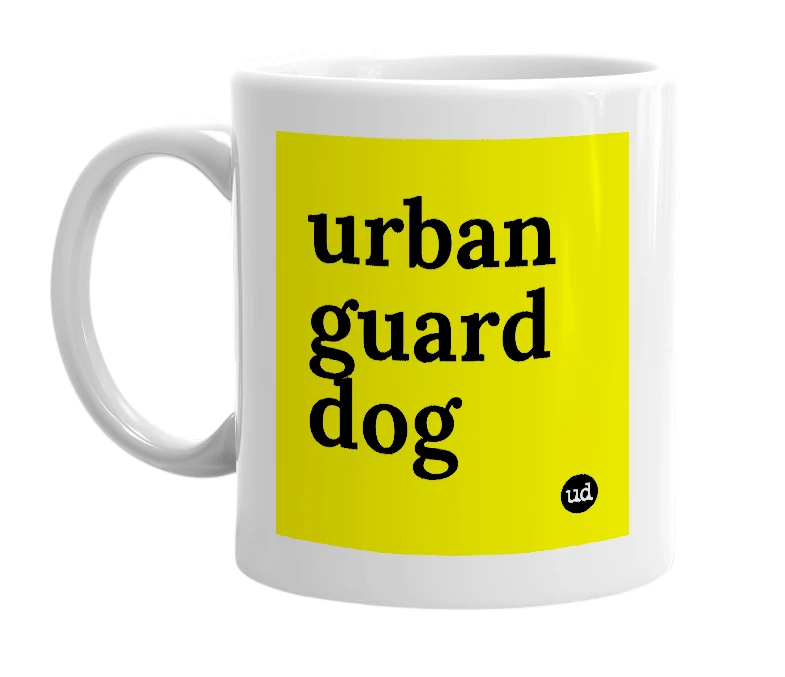 White mug with 'urban guard dog' in bold black letters
