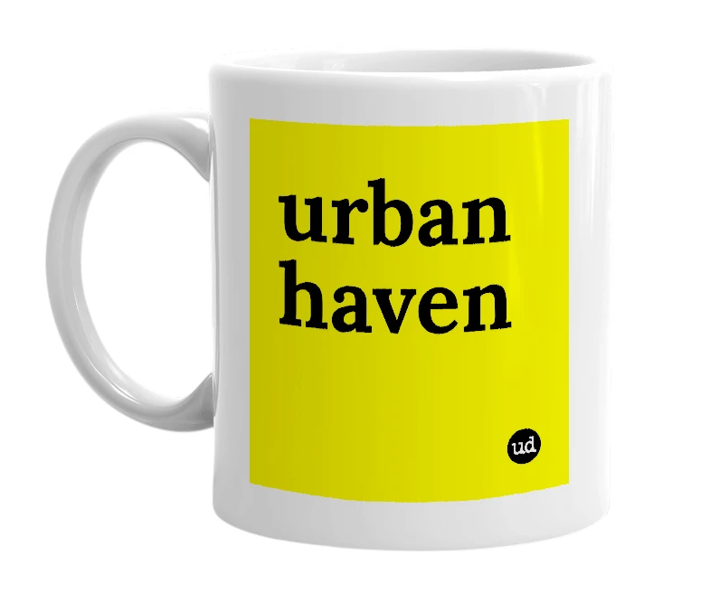 White mug with 'urban haven' in bold black letters