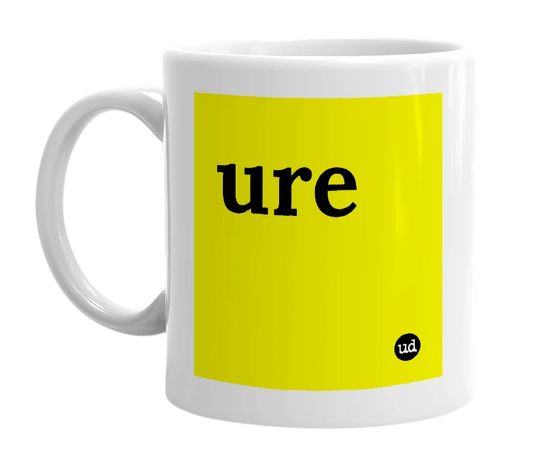 White mug with 'ure' in bold black letters