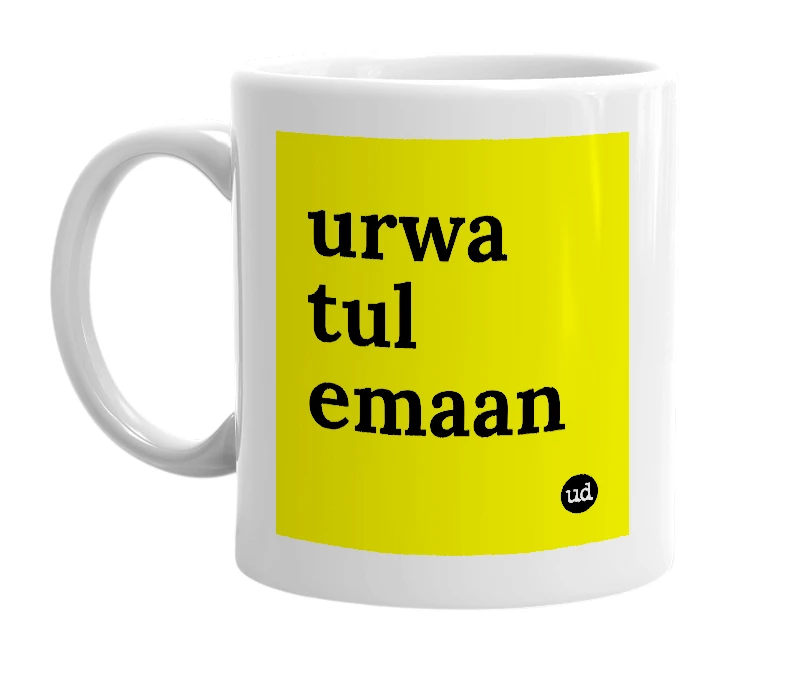 White mug with 'urwa tul emaan' in bold black letters