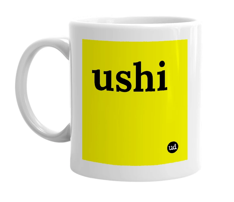 White mug with 'ushi' in bold black letters