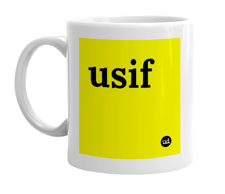 White mug with 'usif' in bold black letters
