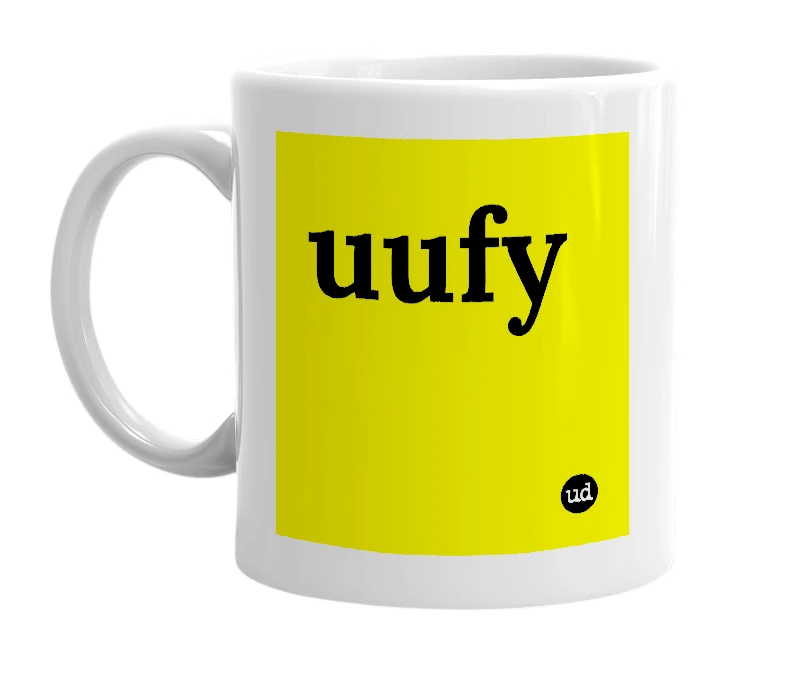 White mug with 'uufy' in bold black letters