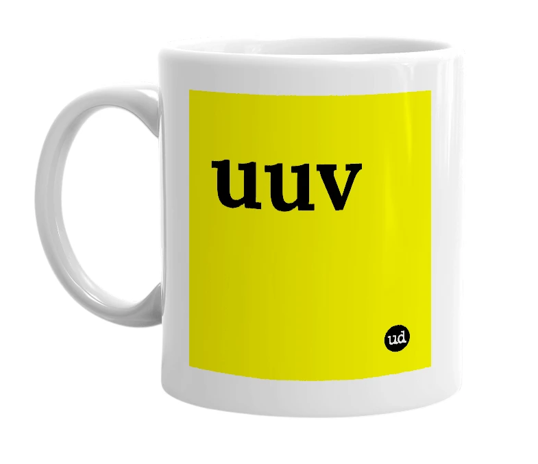 White mug with 'uuv' in bold black letters