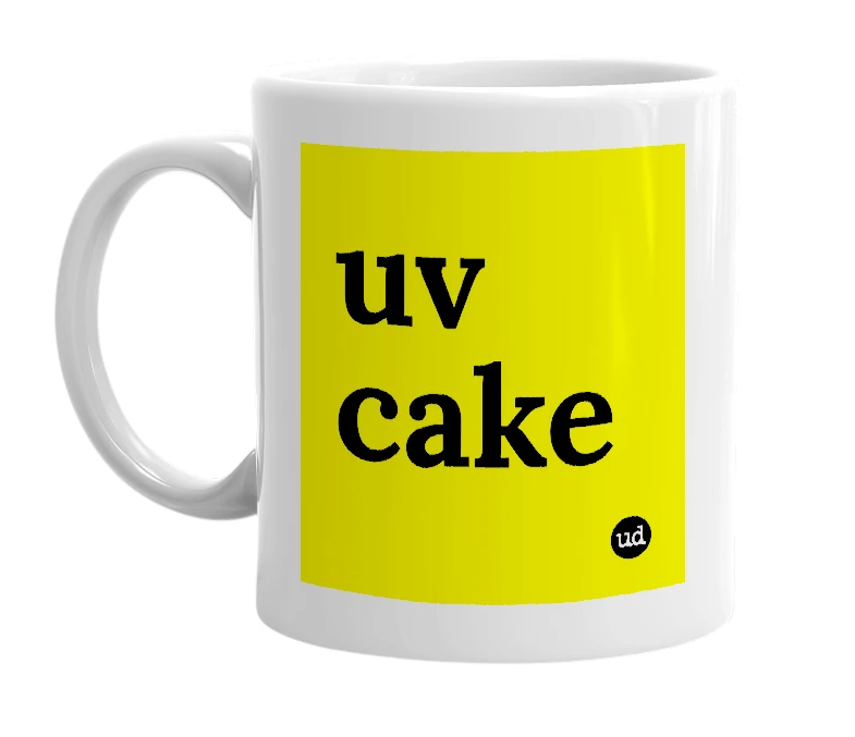 White mug with 'uv cake' in bold black letters