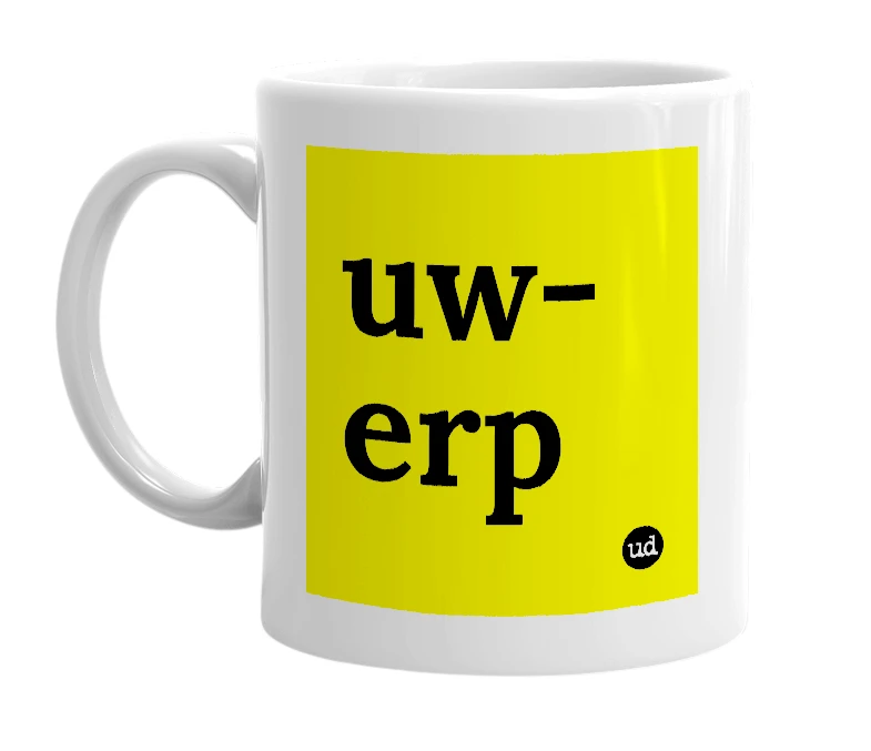 White mug with 'uw-erp' in bold black letters