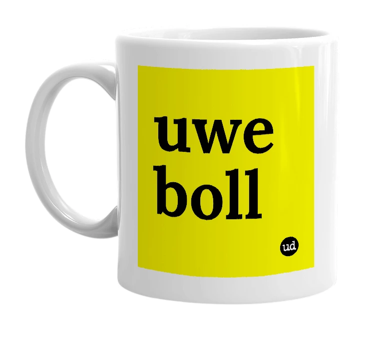 White mug with 'uwe boll' in bold black letters