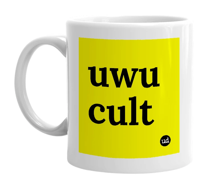 White mug with 'uwu cult' in bold black letters