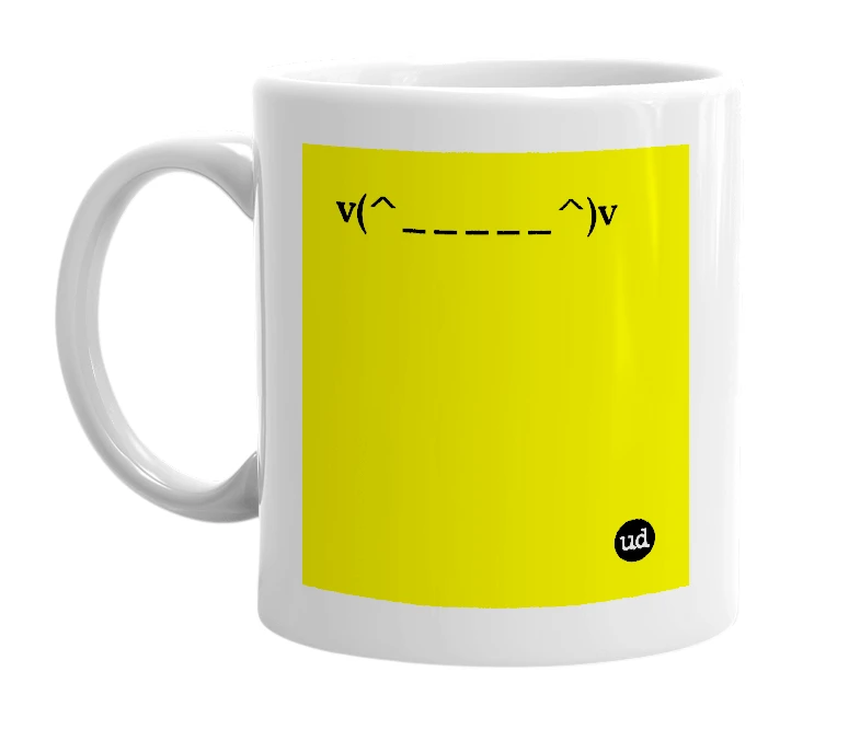 White mug with 'v(^_____^)v' in bold black letters
