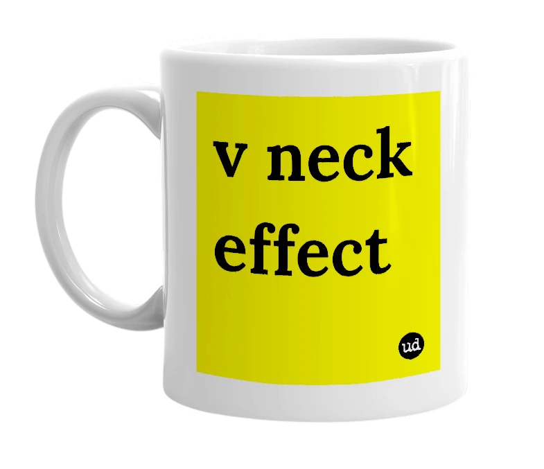 White mug with 'v neck effect' in bold black letters