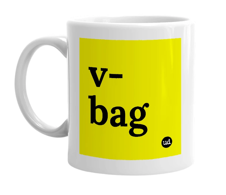 White mug with 'v-bag' in bold black letters