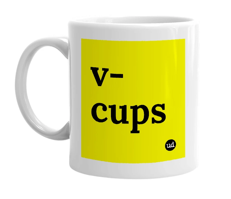White mug with 'v-cups' in bold black letters