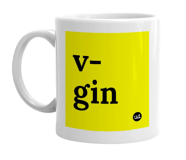 White mug with 'v-gin' in bold black letters