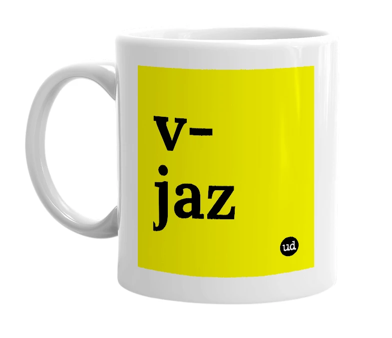 White mug with 'v-jaz' in bold black letters