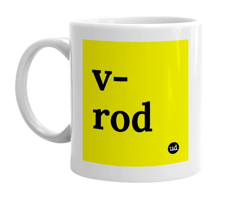 White mug with 'v-rod' in bold black letters