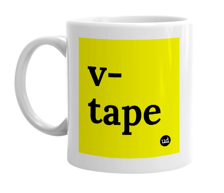 White mug with 'v-tape' in bold black letters