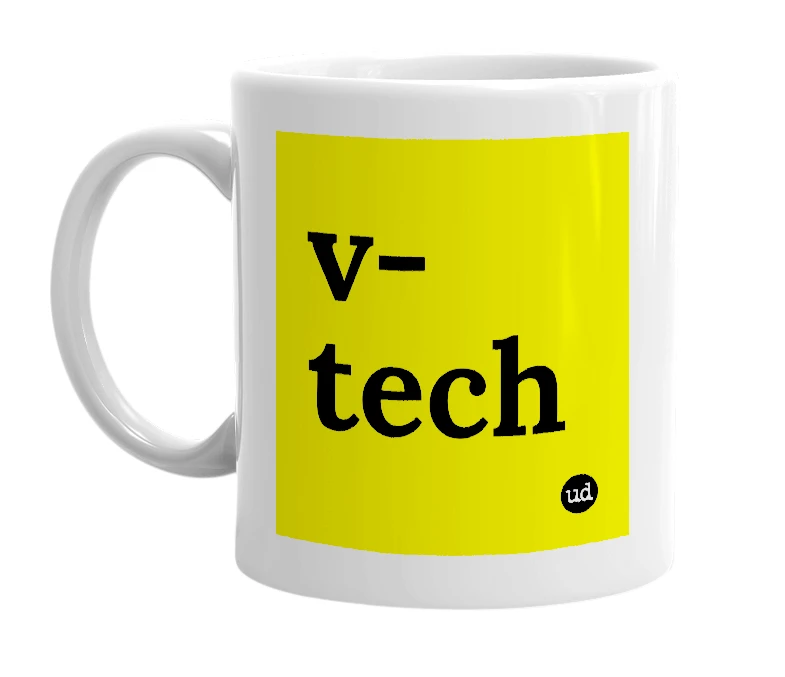 White mug with 'v-tech' in bold black letters