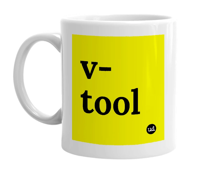 White mug with 'v-tool' in bold black letters